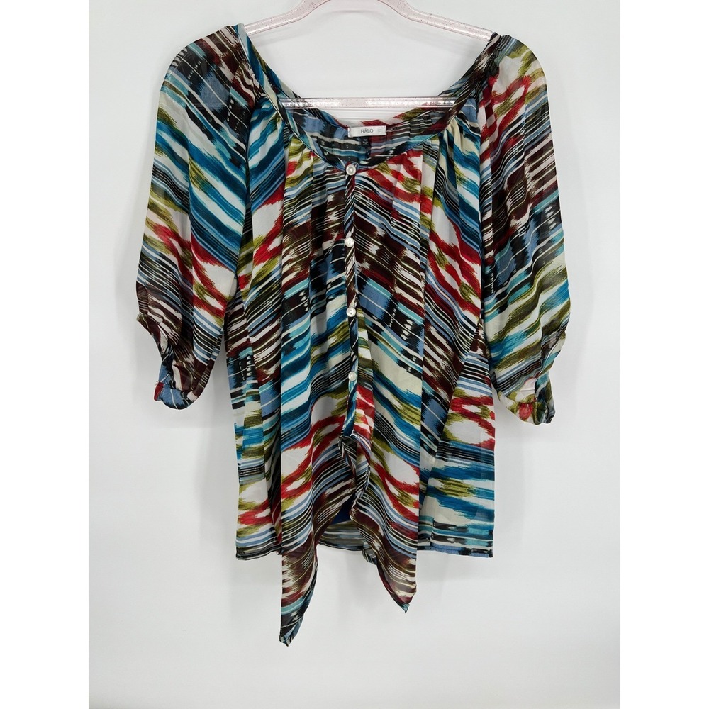 HALO Multicolor Blouse Sheer Button Down 3/4 Sleeve Top Medium